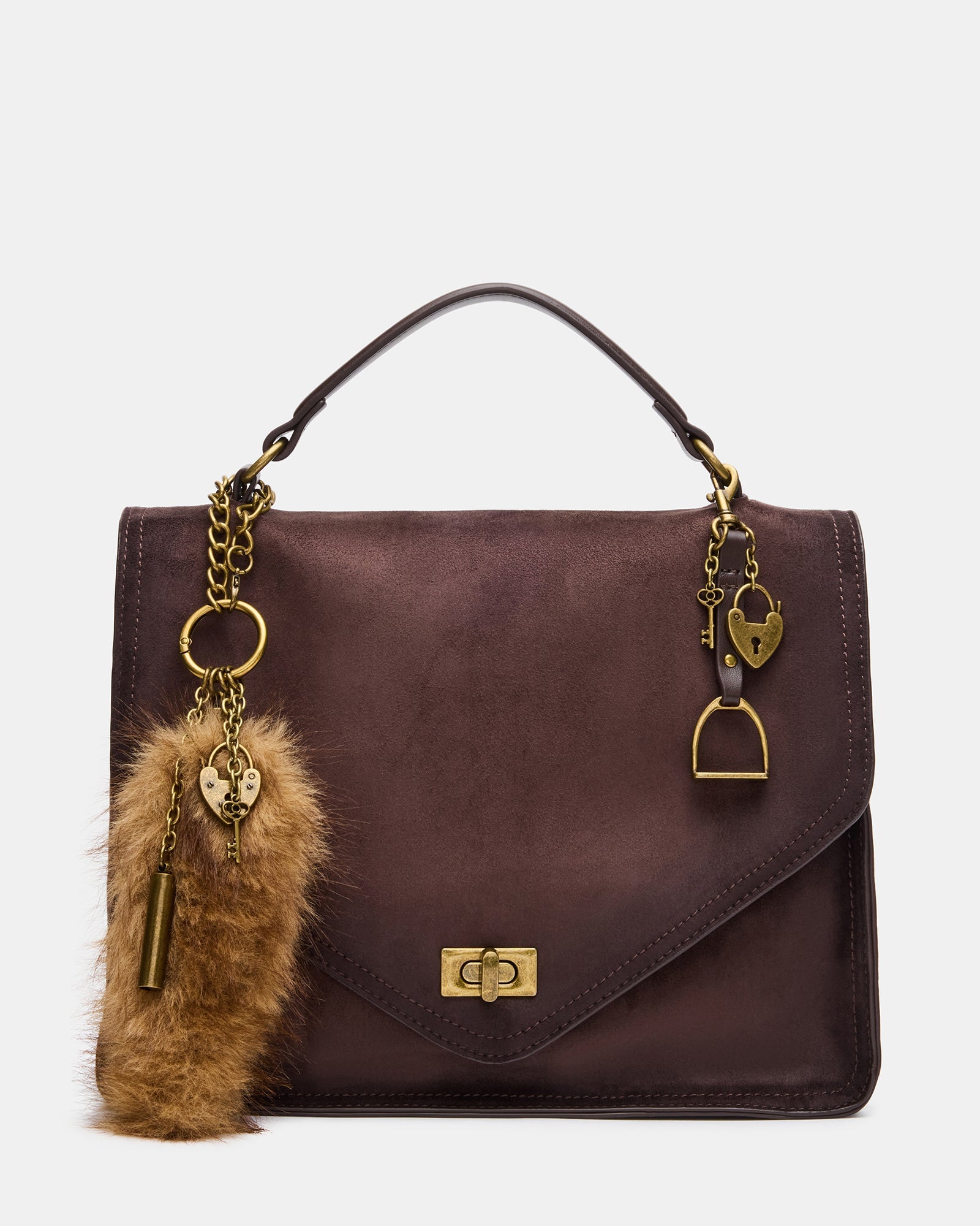 THEIA Chocolate Suede Top Handle Charms Crossbody Handbag | Steve Madden