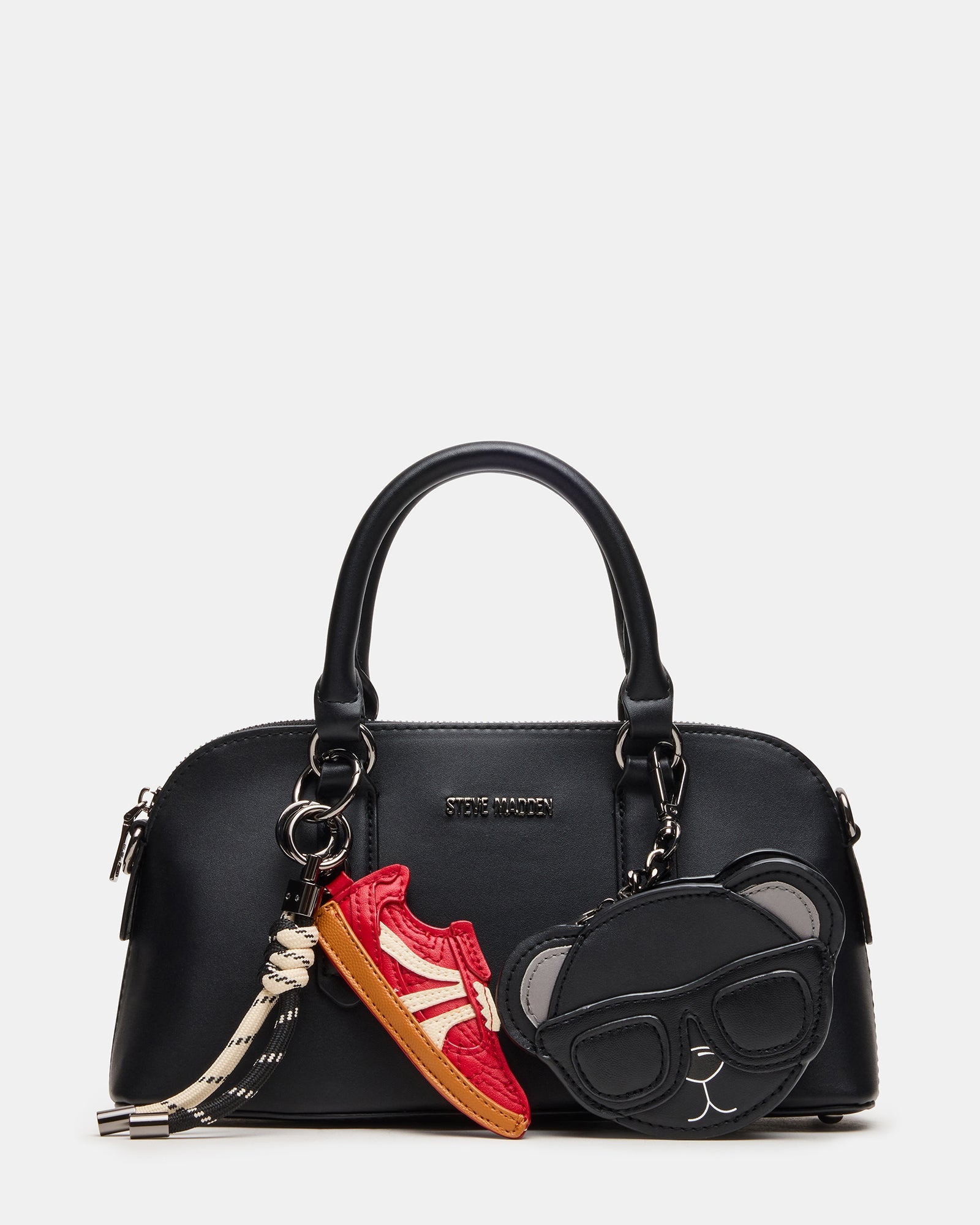 THORNE Bag Black Zipper Sneaker Bear Charms Top Handle Handbag | Steve Madden