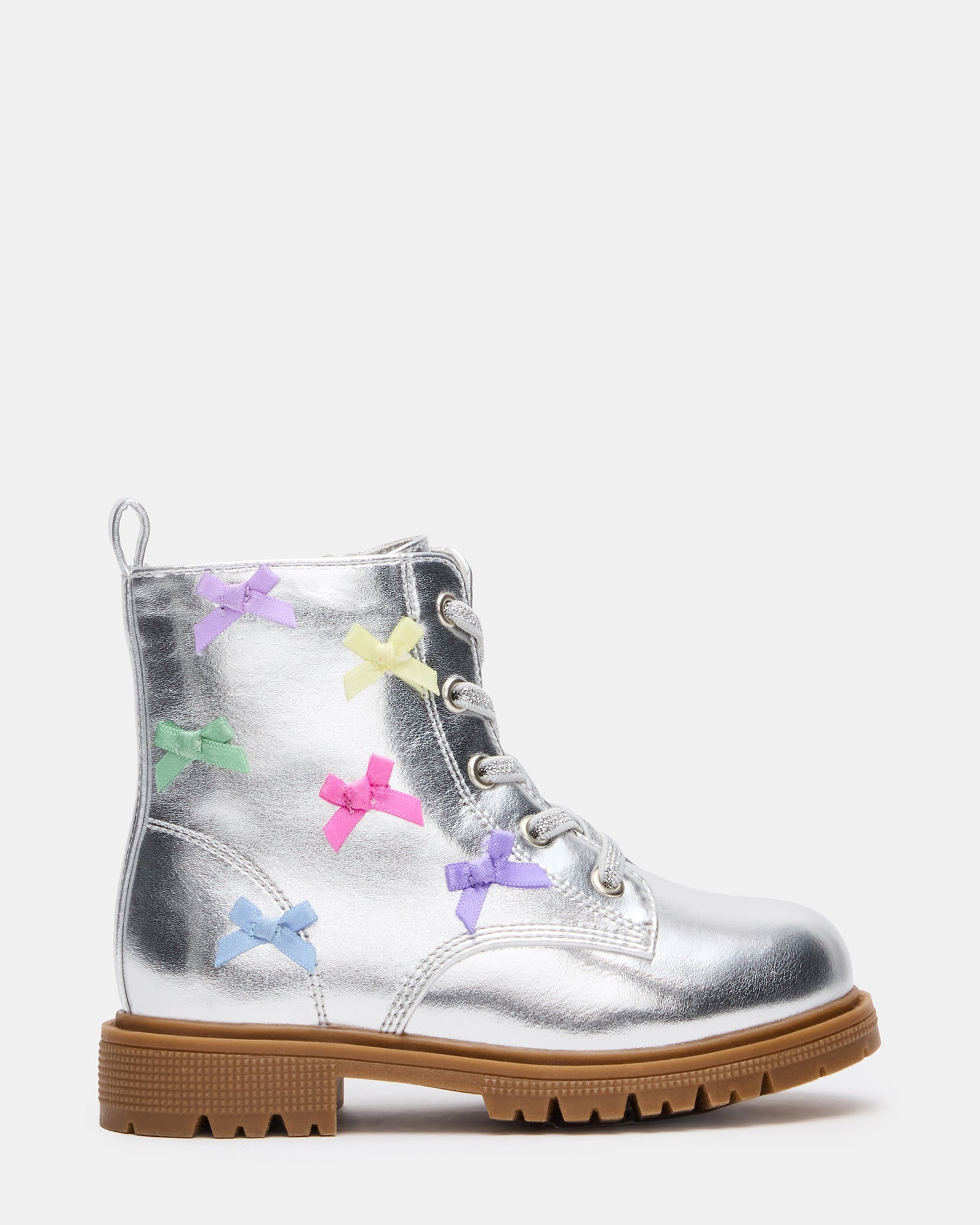 Toddlers' FLEUR Silver Combat Lace-Up Lug Girls' Ankle Boot | Steve Madden