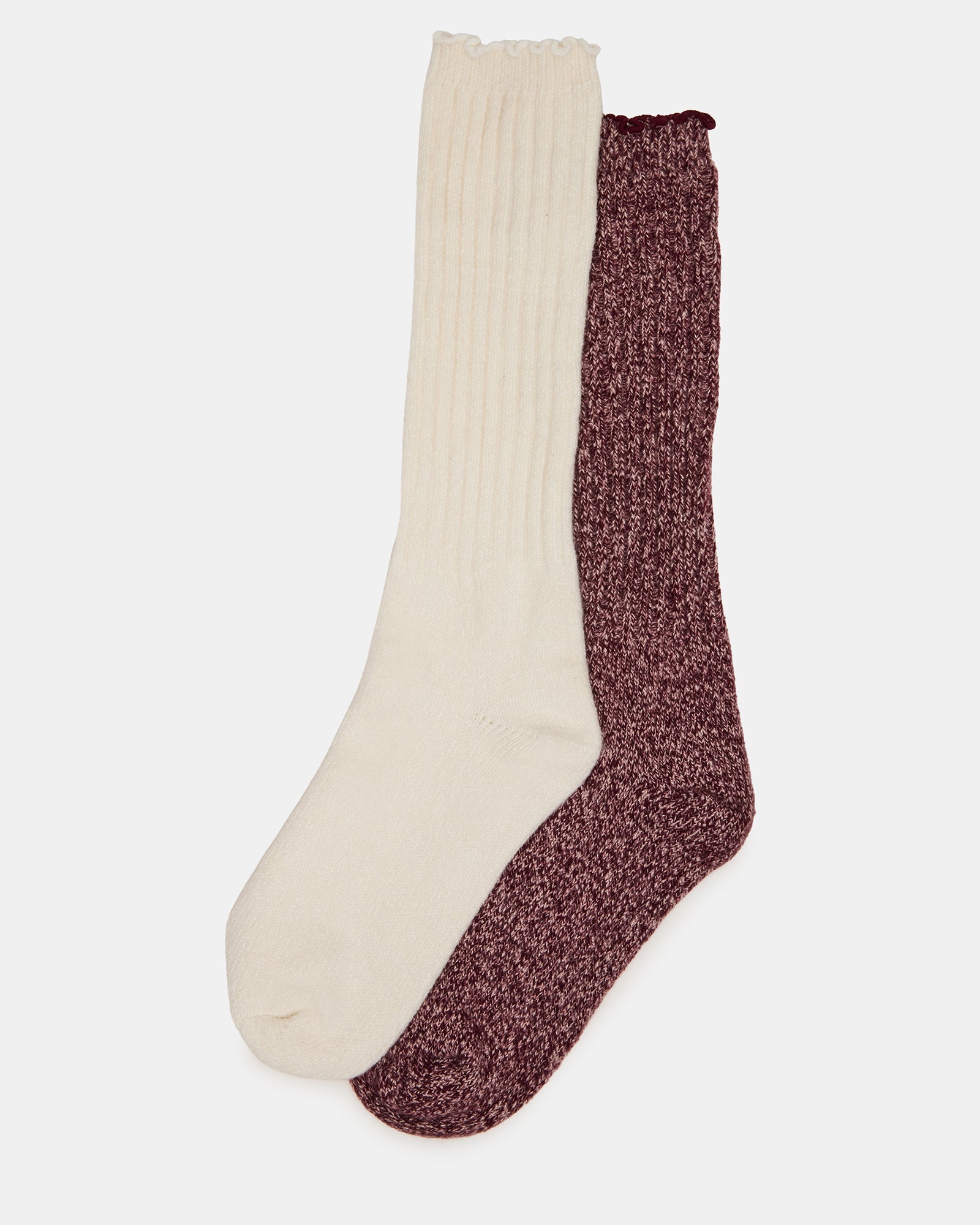 2 PACK Ivory/Burgundy Super Soft Lettuce Edge Slouchy Women's Socks | Steve Madden