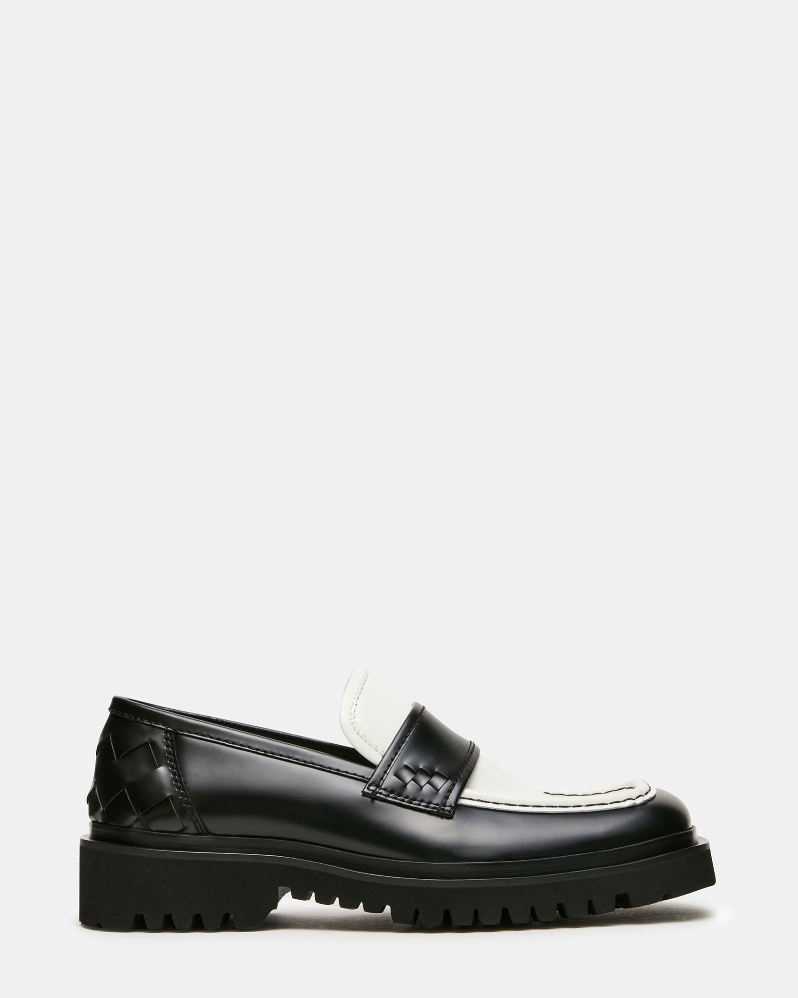 VINCENZO Black/White Leather Square-Toe Lug Slip-On Men's Loafer | Steve Madden