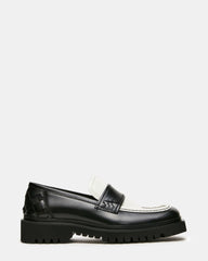 VINCENZO Black/White Leather Square-Toe Lug Slip-On Men's Loafer | Steve Madden