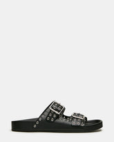 ABOTT Black Leather Grommet Buckles Footbed Slide Women's Sandal | Steve Madden