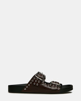 ABOTT Burgundy Leather Grommet Buckles Footbed Slide Women's Sandal | Steve Madden