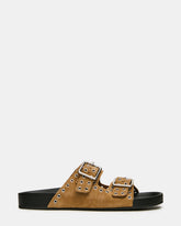 ABOTT Taupe Suede Grommet Buckles Footbed Slide Women's Sandal | Steve Madden