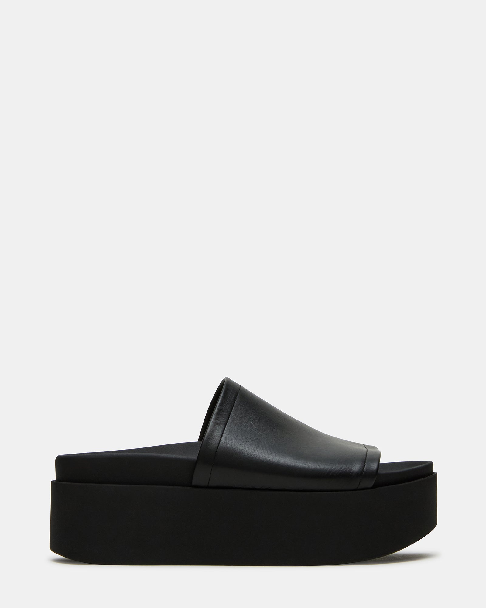 ARWEN Black Leather Women's Platform Footbed Slide Chunky Sandal | Steve Madden