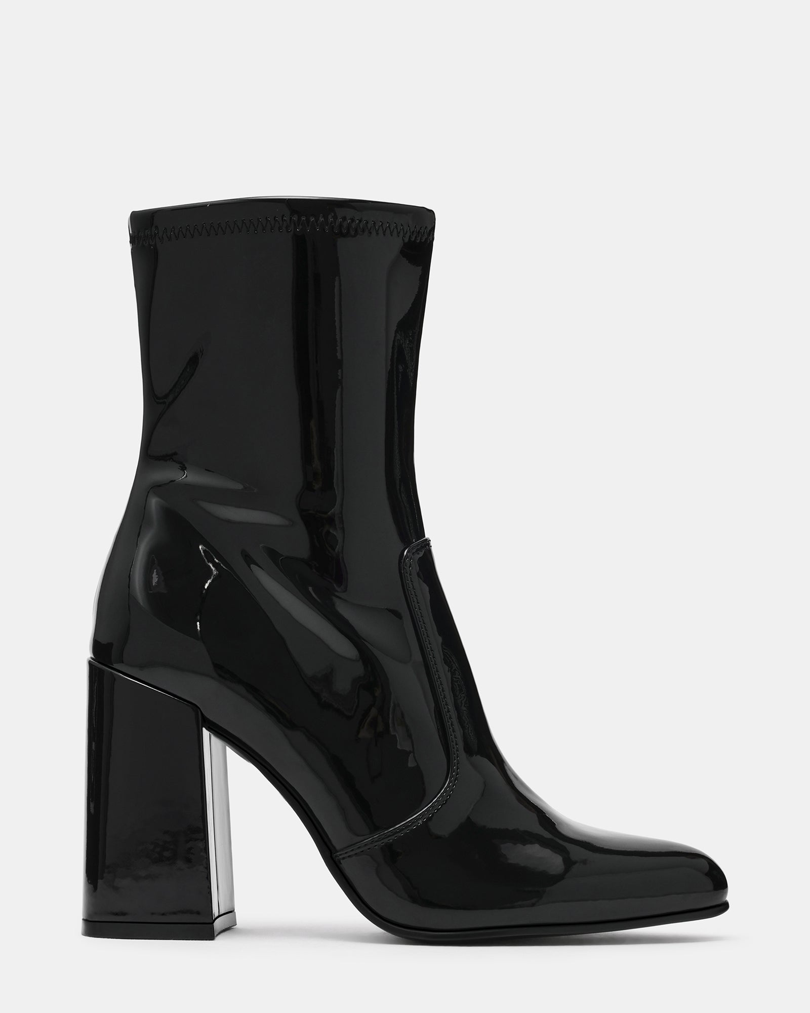 AUBRENA Black Patent Pointed-Toe Block Heel Women's Ankle Boot | Steve Madden
