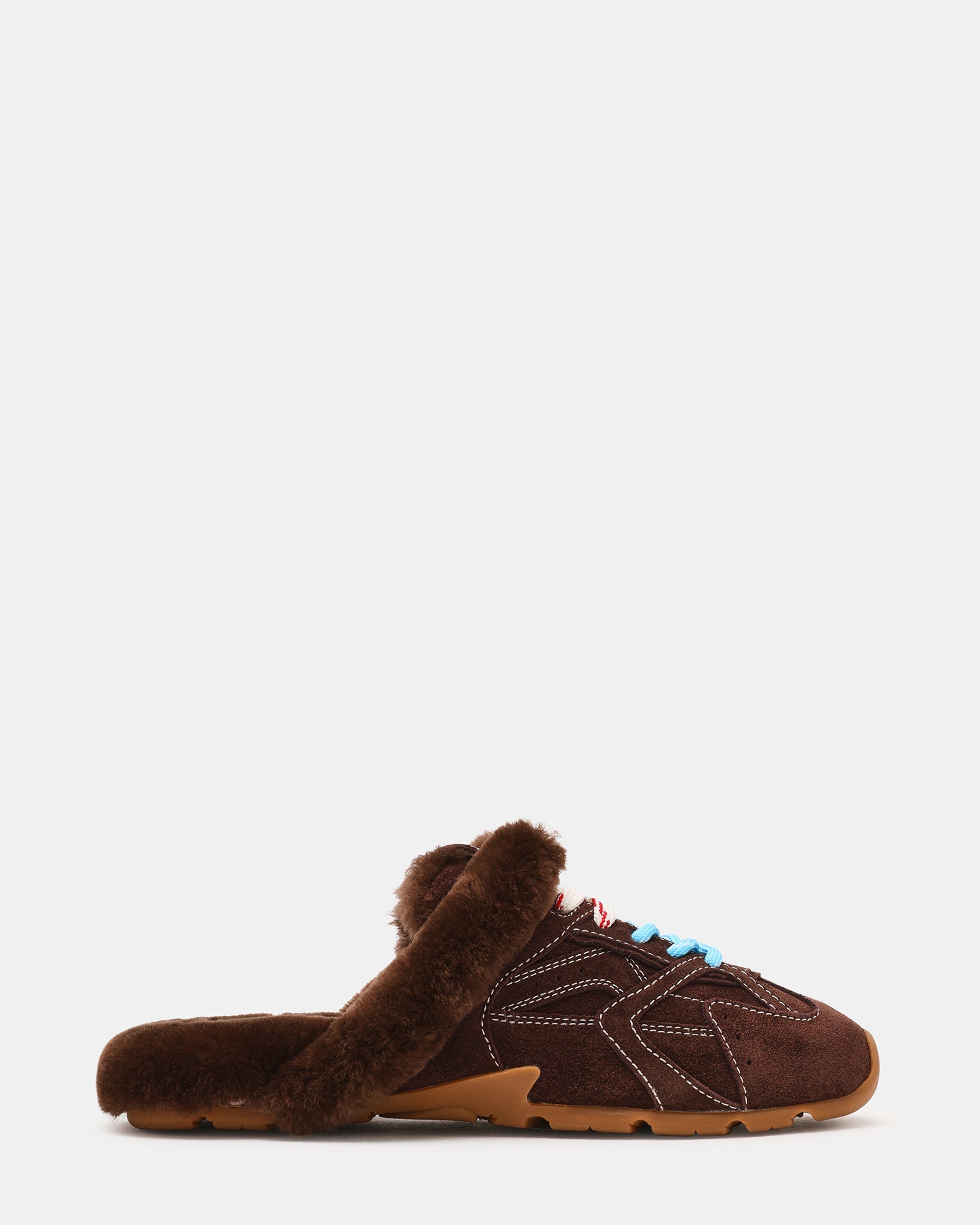 AZIEL MULE Faux Fur Chocolate Brown Suede Low-Top Lace-Up Slip-On Women's Sneaker | Steve Madden