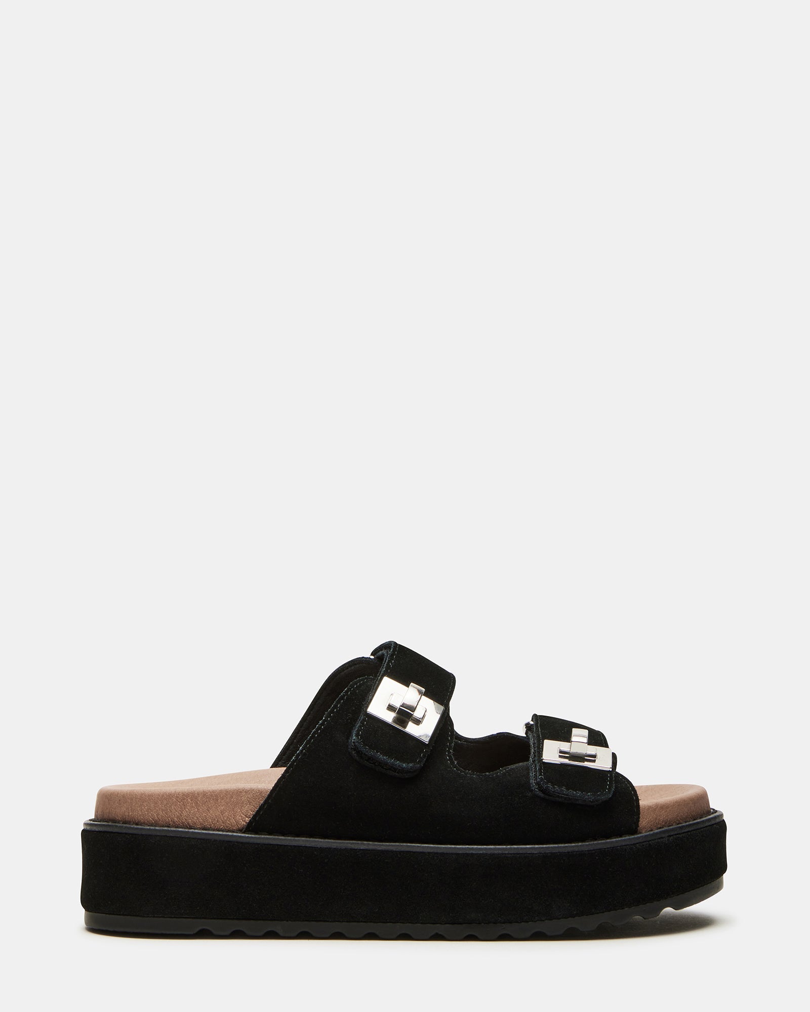 BIGSCHMONA Black/Black Suede Women's Platform Slide Sandal | Steve Madden