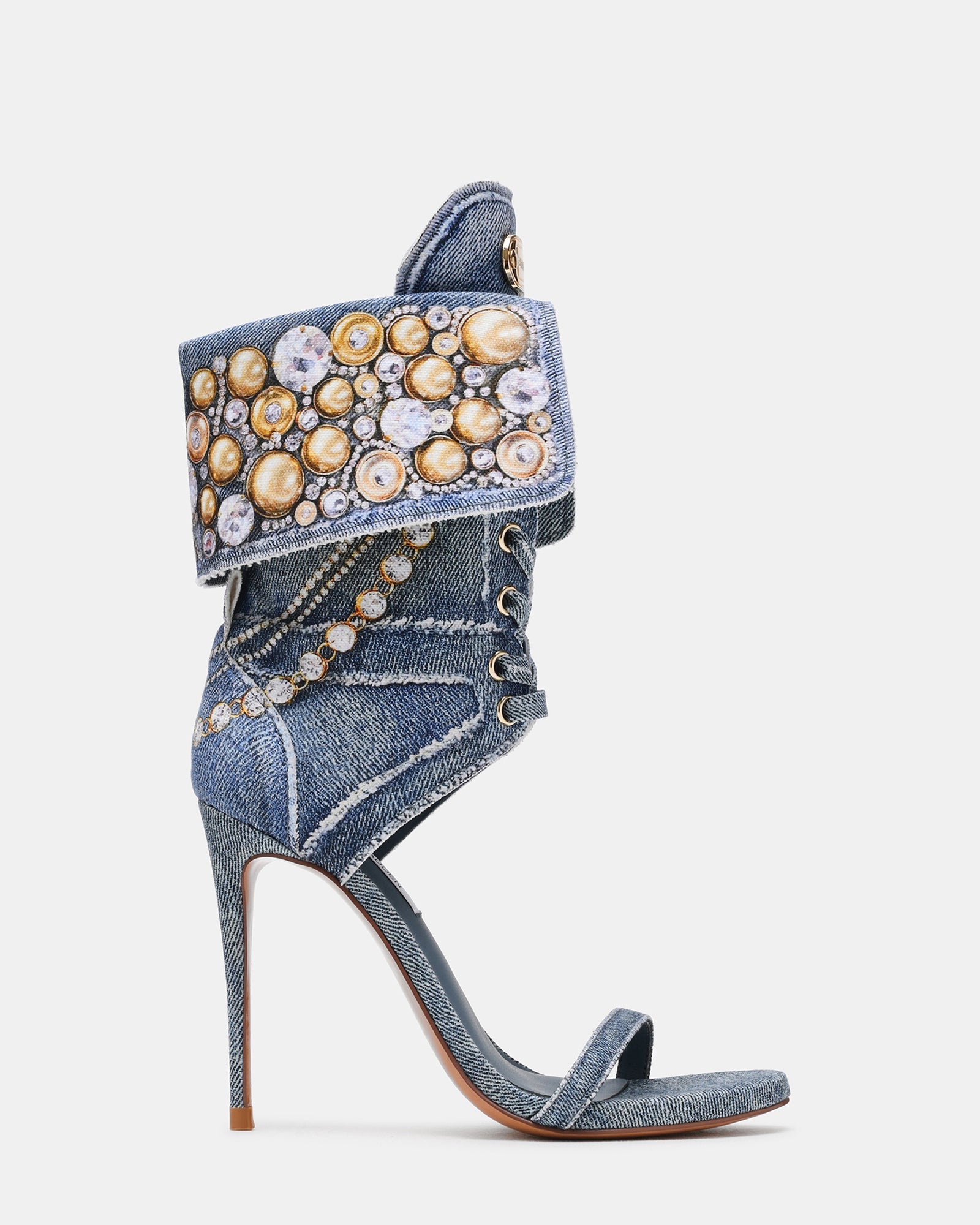 CASELLA Denim Multi Open-Toe Stiletto Lace-Up Women's Heel | Steve Madden