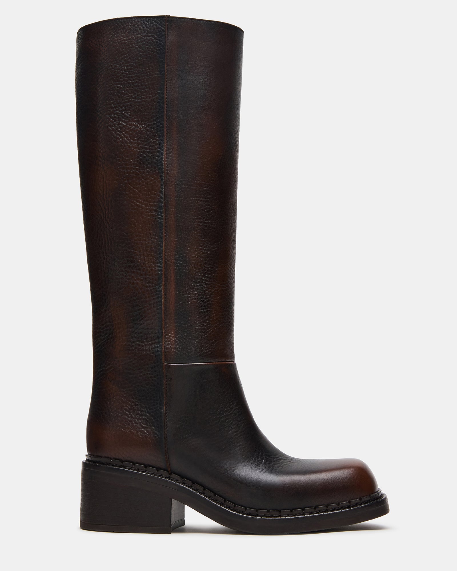 DAVOS Cognac Leather Square-Toe Knee High Block Heel Women's Boot | Steve Madden