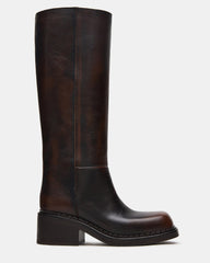 DAVOS Cognac Leather Square-Toe Knee High Block Heel Women's Boot | Steve Madden