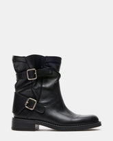 DENIS Black Leather Moto Buckles Women's Ankle Boot | Steve Madden