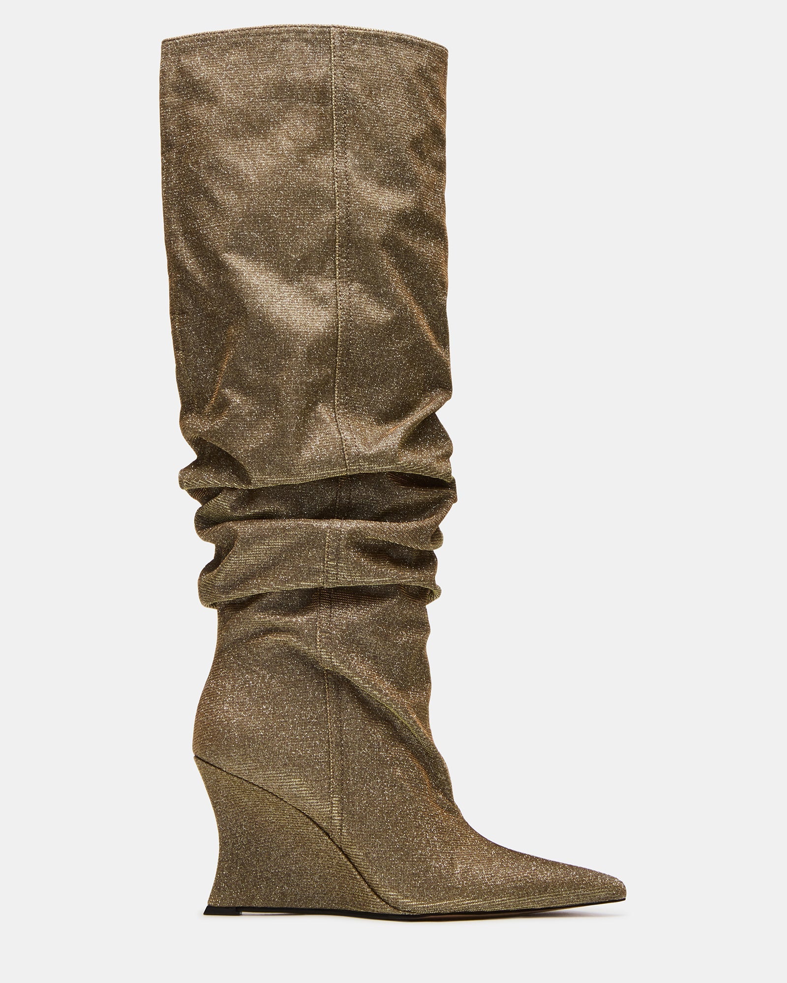 DISTORTION Gold Glitter Pointed-Toe Scrunched Knee-High Wedge Women's Boot | Steve Madden
