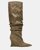 DISTORTION Gold Glitter Pointed-Toe Scrunched Knee-High Wedge Women's Boot | Steve Madden