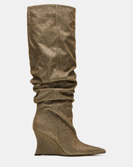 DISTORTION Gold Glitter Pointed-Toe Scrunched Knee-High Wedge Women's Boot | Steve Madden