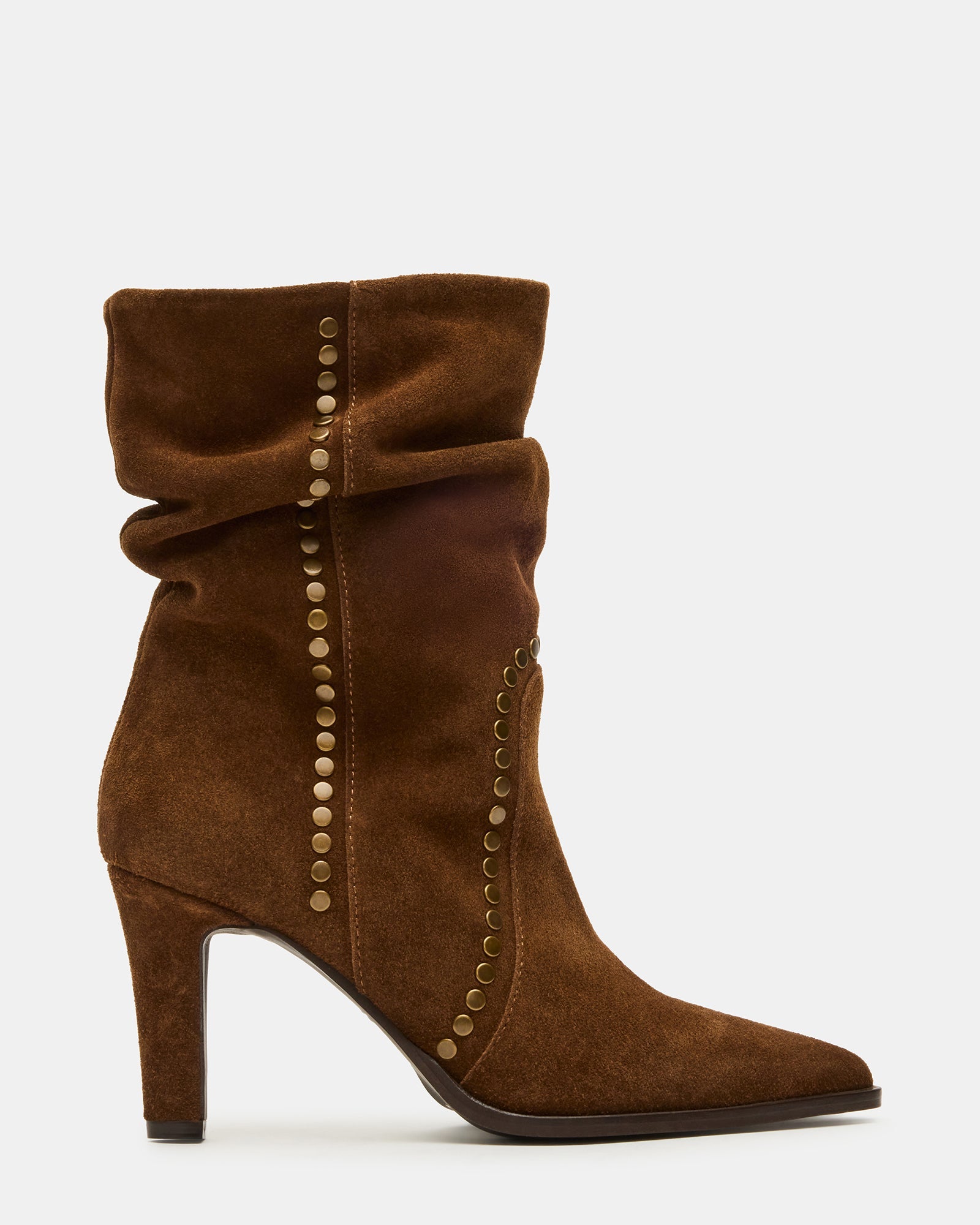 EVANIA Chestnut Suede Scrunched Studded Pointed-Toe Women's Ankle Boot | Steve Madden