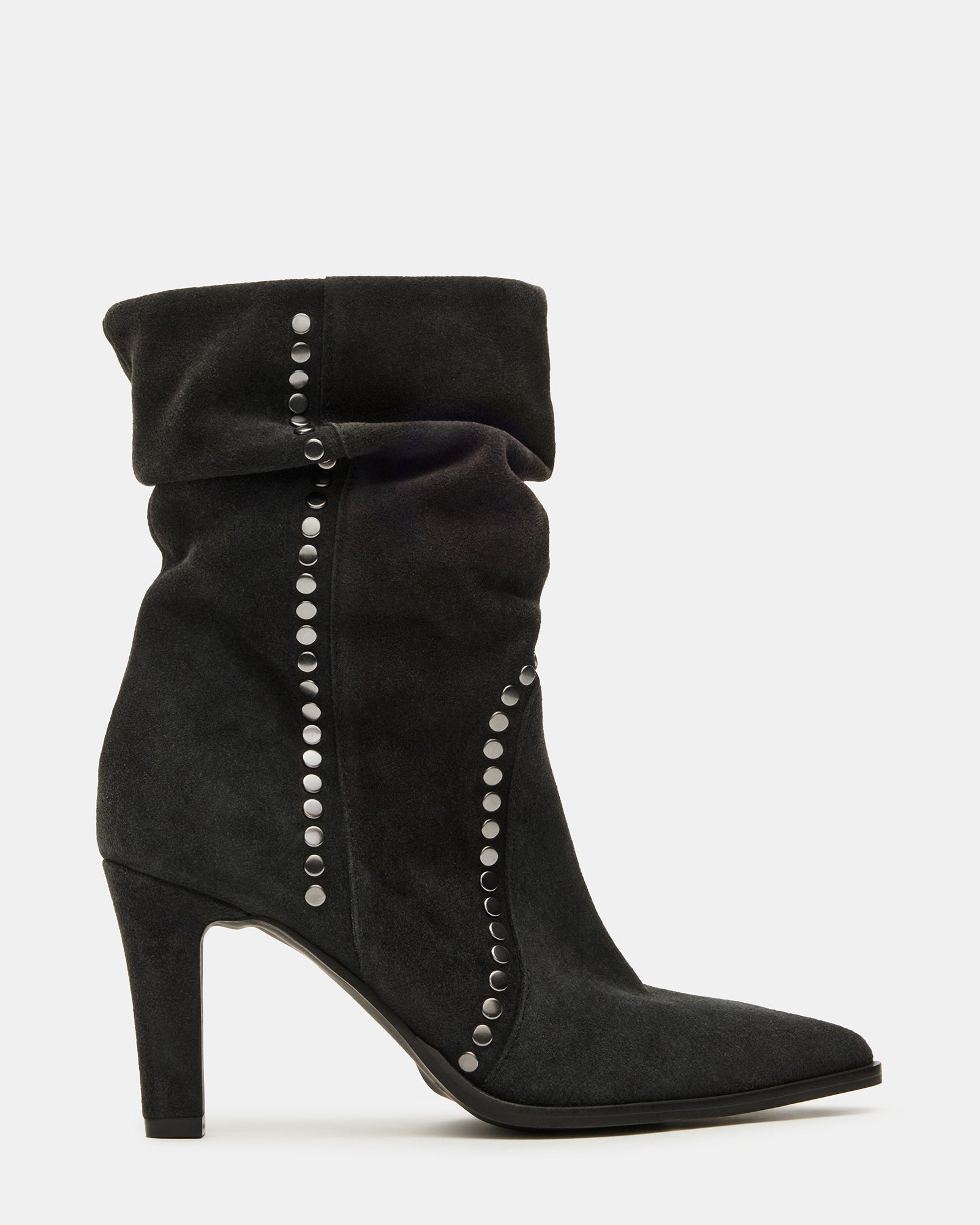 EVANIA Grey Suede Scrunched Studded Pointed-Toe Women's Ankle Boot | Steve Madden