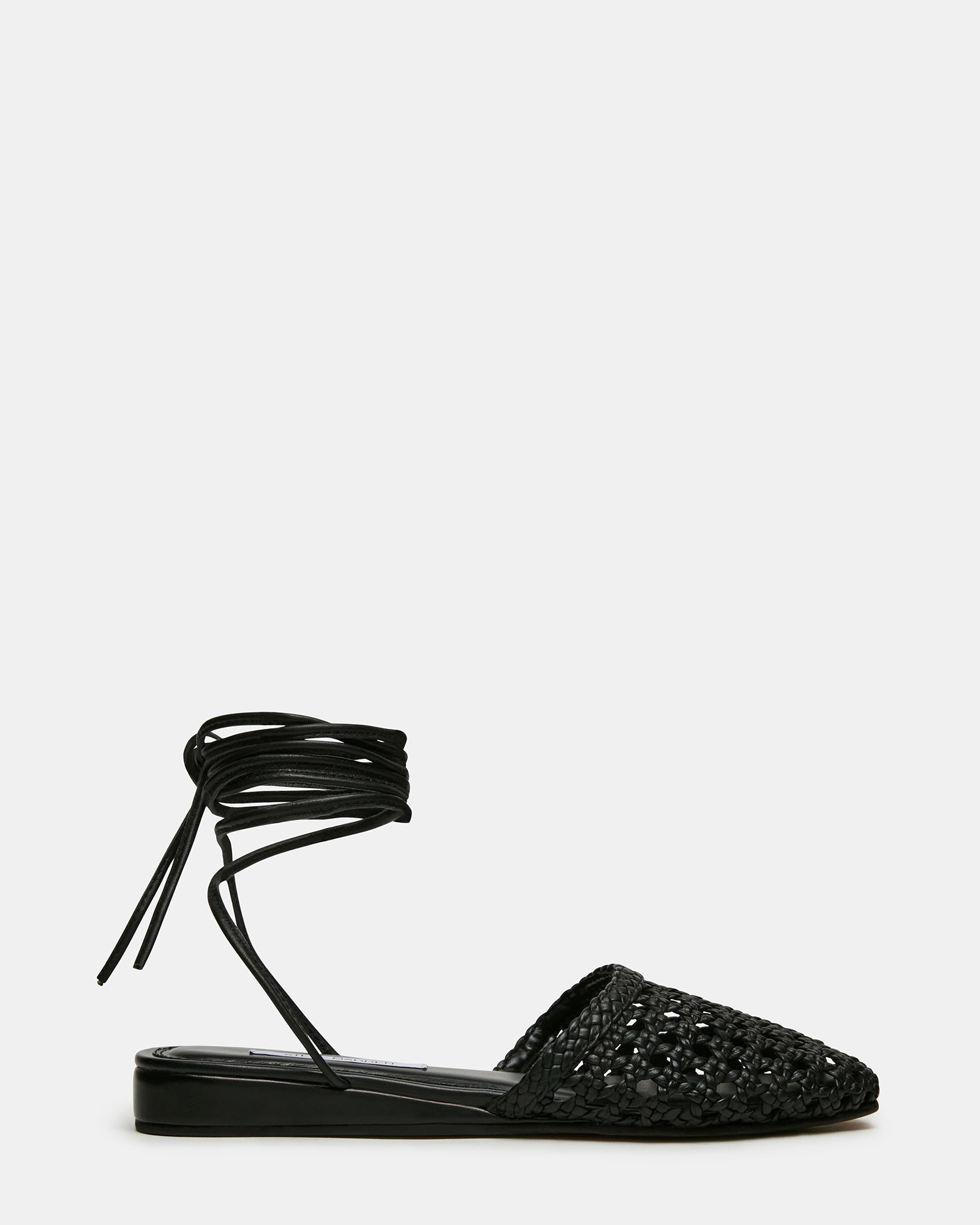 FLUTTER Black Leather Woven Mule Leg-Ties Strappy Women's Flat | Steve Madden