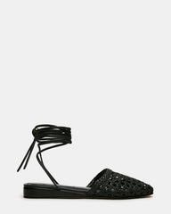 FLUTTER Black Leather Woven Mule Leg-Ties Strappy Women's Flat | Steve Madden