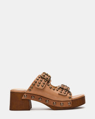 GERVAIS Tan Leather Studded Mule Buckles Square-Toe Women's Sandal | Steve Madden
