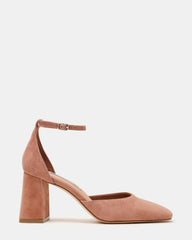 HARTLYN Mocha Suede Square-Toe Ankle Strap Women's Block Heel | Steve Madden