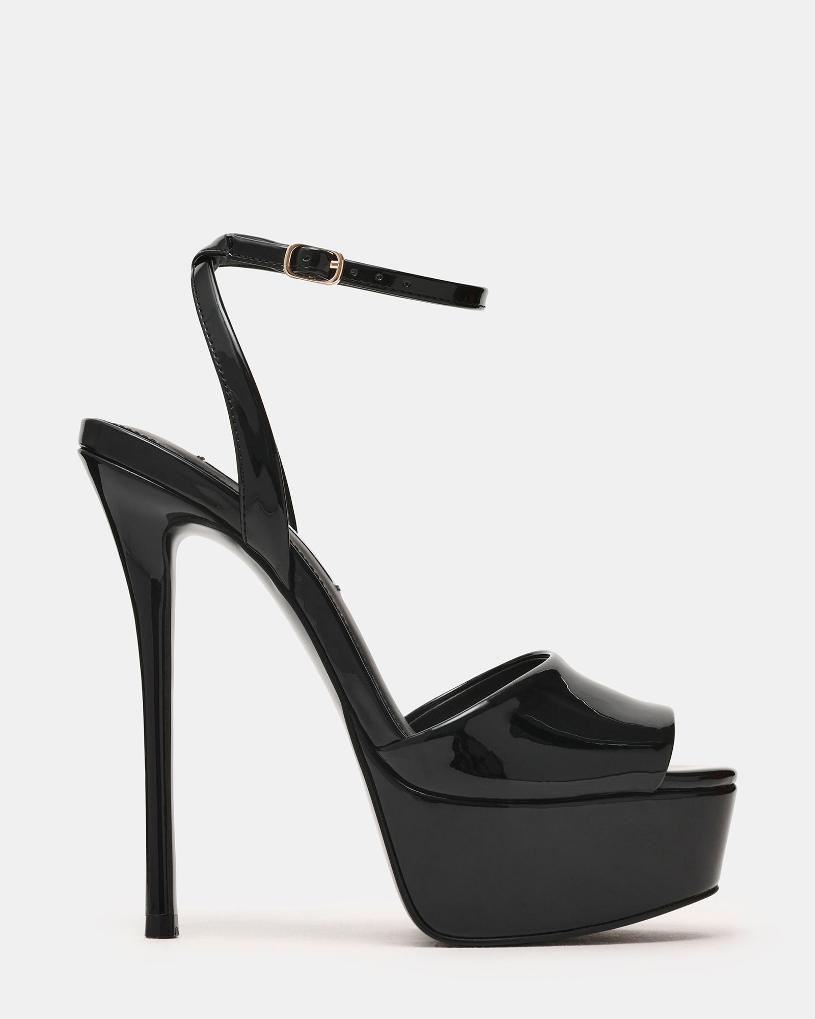 JEZZICA Black Patent Platform Stiletto Ankle Strap Women's Heel | Steve Madden