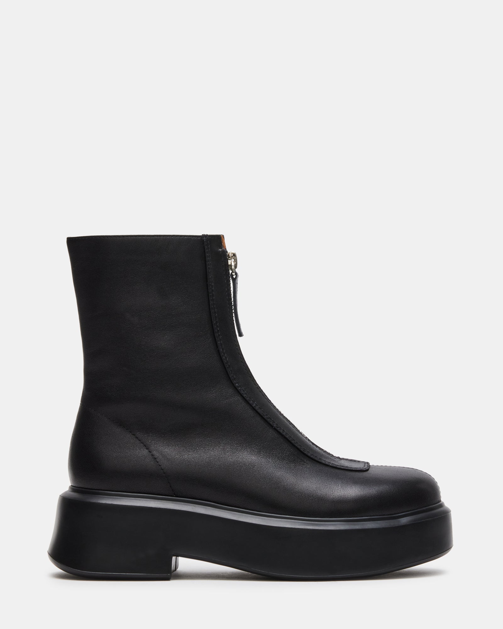 JONES Black Leather Zipper Lug Women's Ankle Boot | Steve Madden