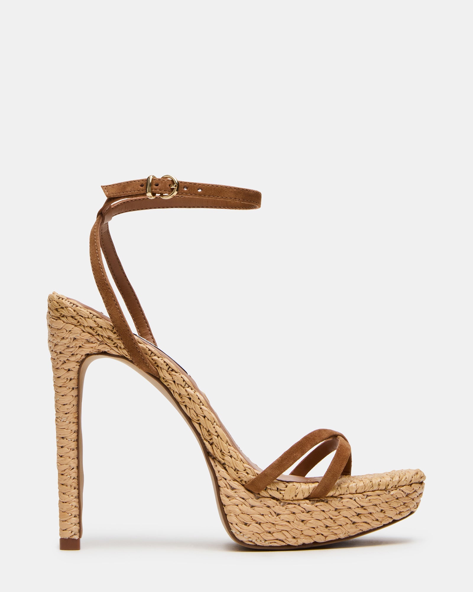 JUNI Chestnut Suede Raffia Criss Cross Stiletto Ankle Strap Women's Heel | Steve Madden