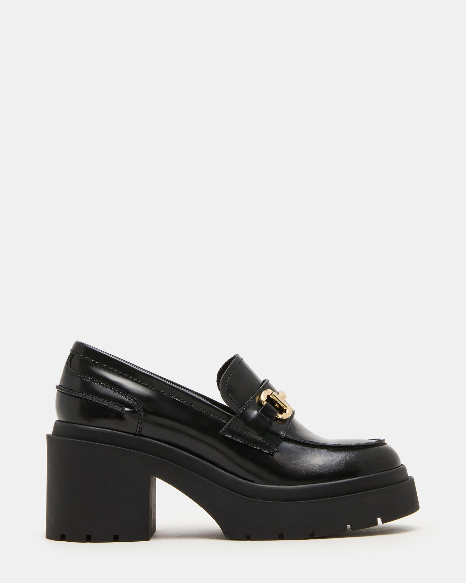 LAZRA Black Platform Lug Block Heel Women's Loafer | Steve Madden