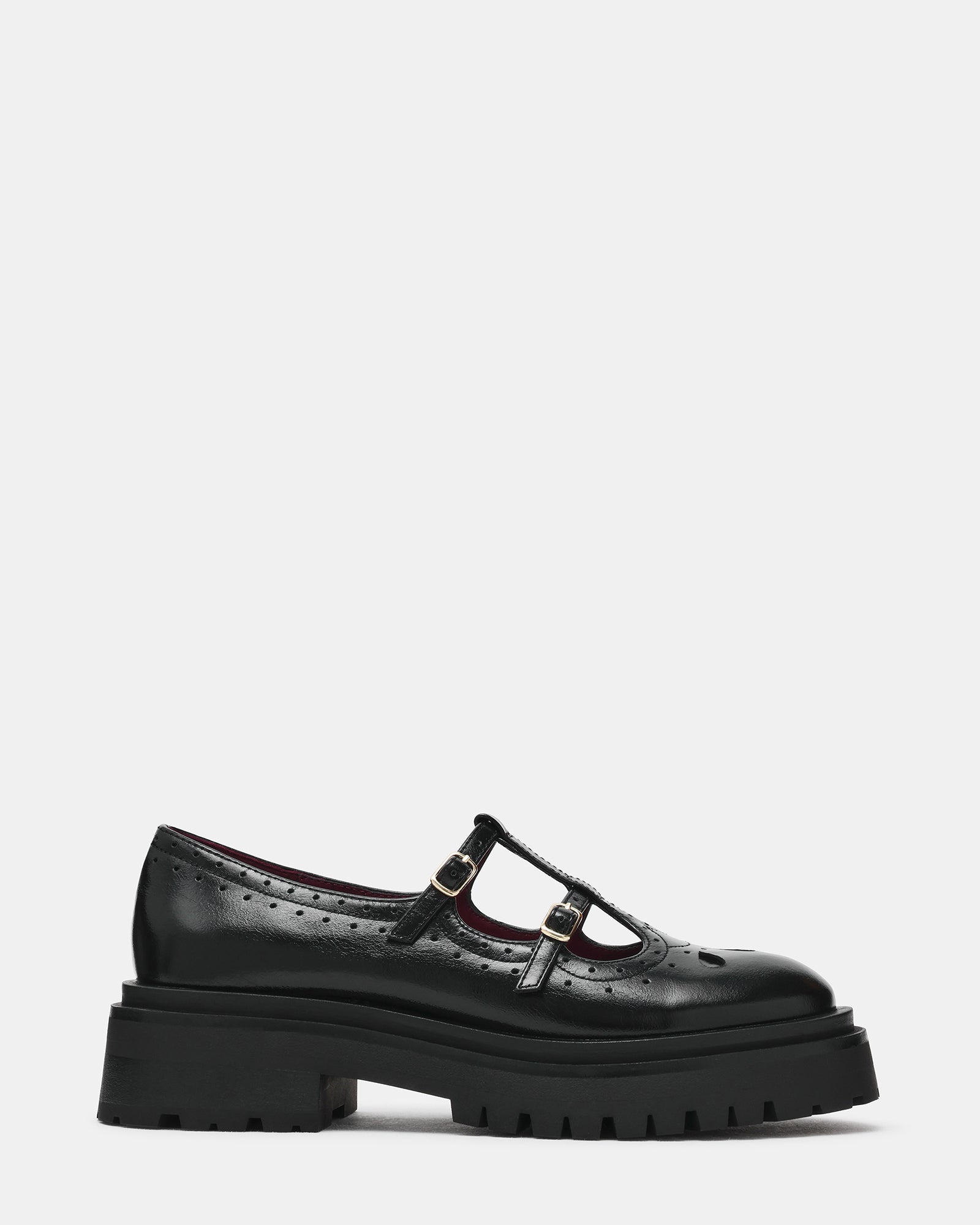 LUANNE Black Leather T-Strap Buckles Lug Women's Loafer | Steve Madden