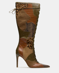 MARELYN Olive Multi Wide Calf Pointed-Toe Lace-Up Knee-High Women's Boot | Steve Madden