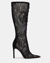 MAXINE Black Lace Pointed-Toe Knee-High Lace-Up Stiletto Women's Boot | Steve Madden