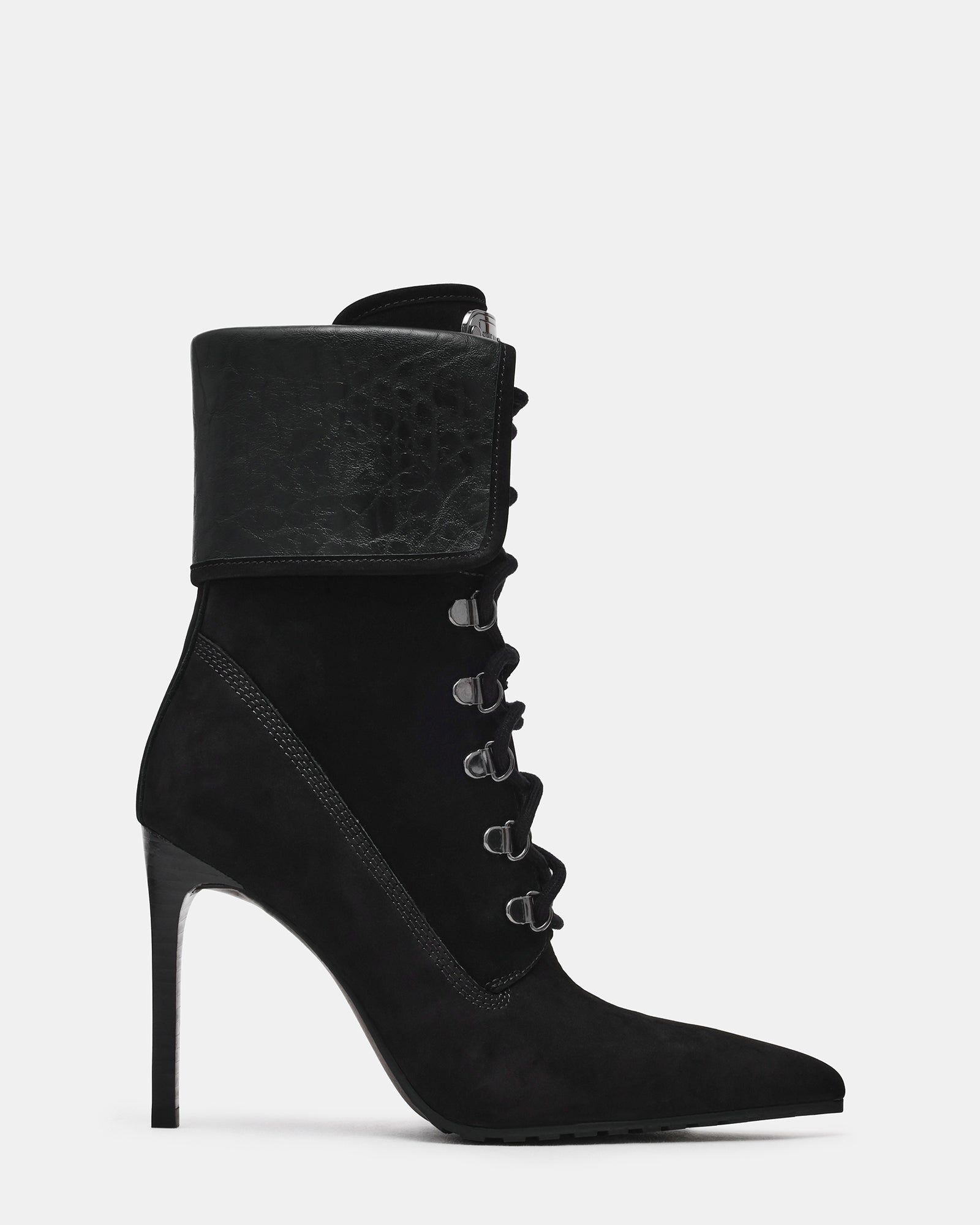 MORALS Black Nubuck Pointed-Toe Lace-Up Women's Ankle Boot | Steve Madden