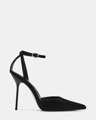 MORRIE Black Techno Fabric Satin Pointed-Toe Stiletto Women's Heel | Steve Madden
