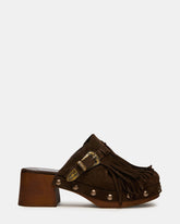 OMEN Brown Suede Fringe Studs Western Mule Women's Heel | Steve Madden