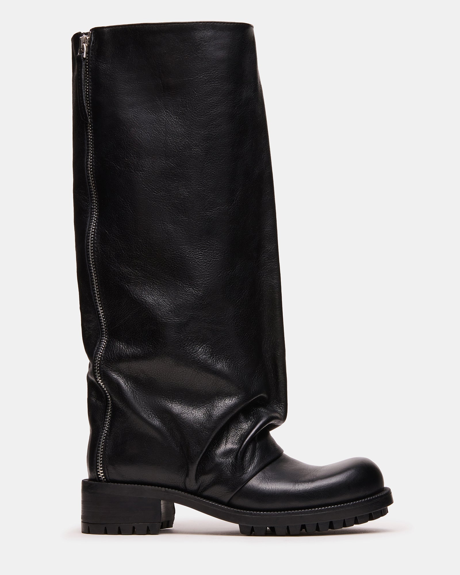 PENNY Black Leather Slouchy Fold-Over Knee-High Women's Boot | Steve Madden