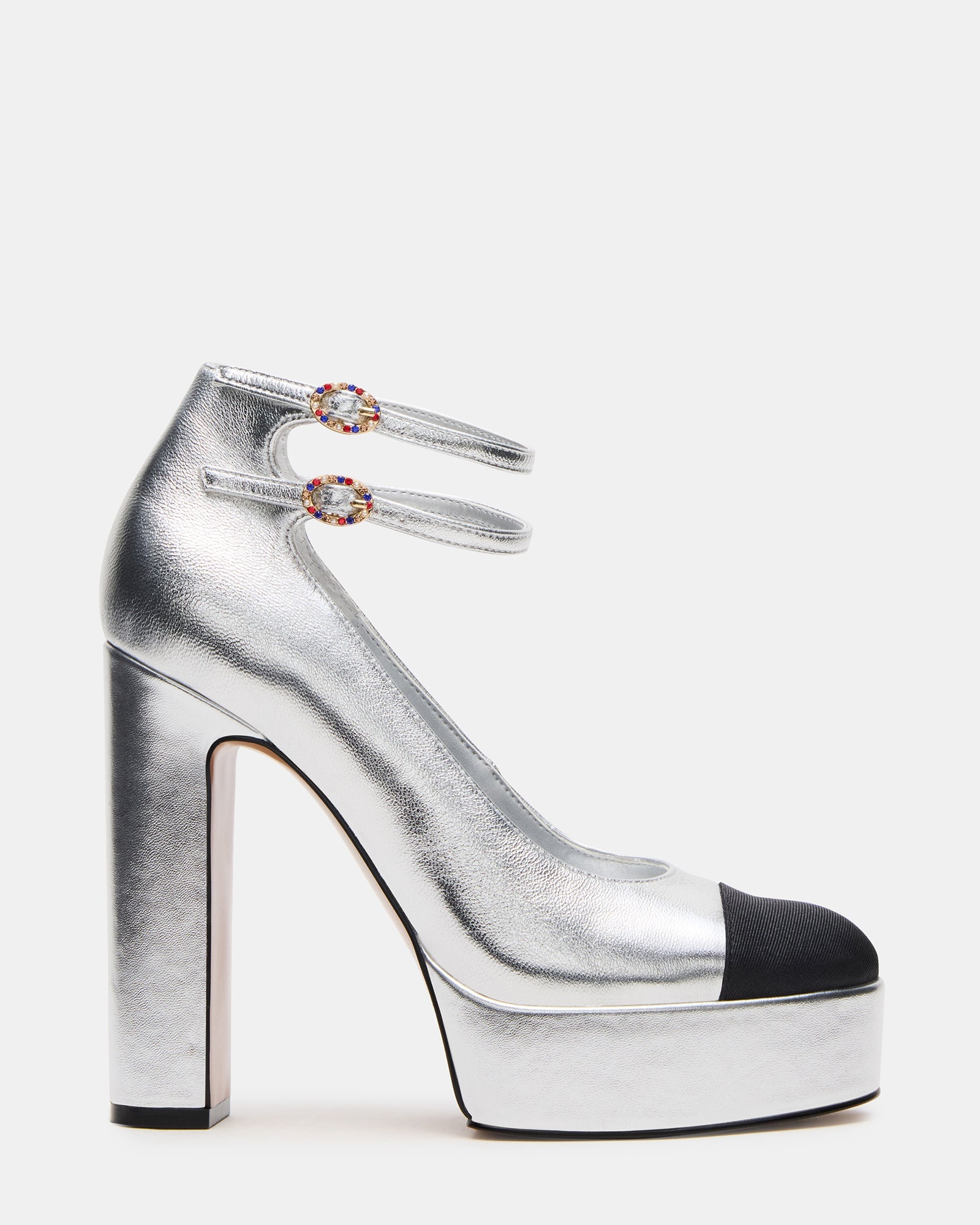 PEYTON Silver Leather Block Heel Platform Women's Heel | Steve Madden