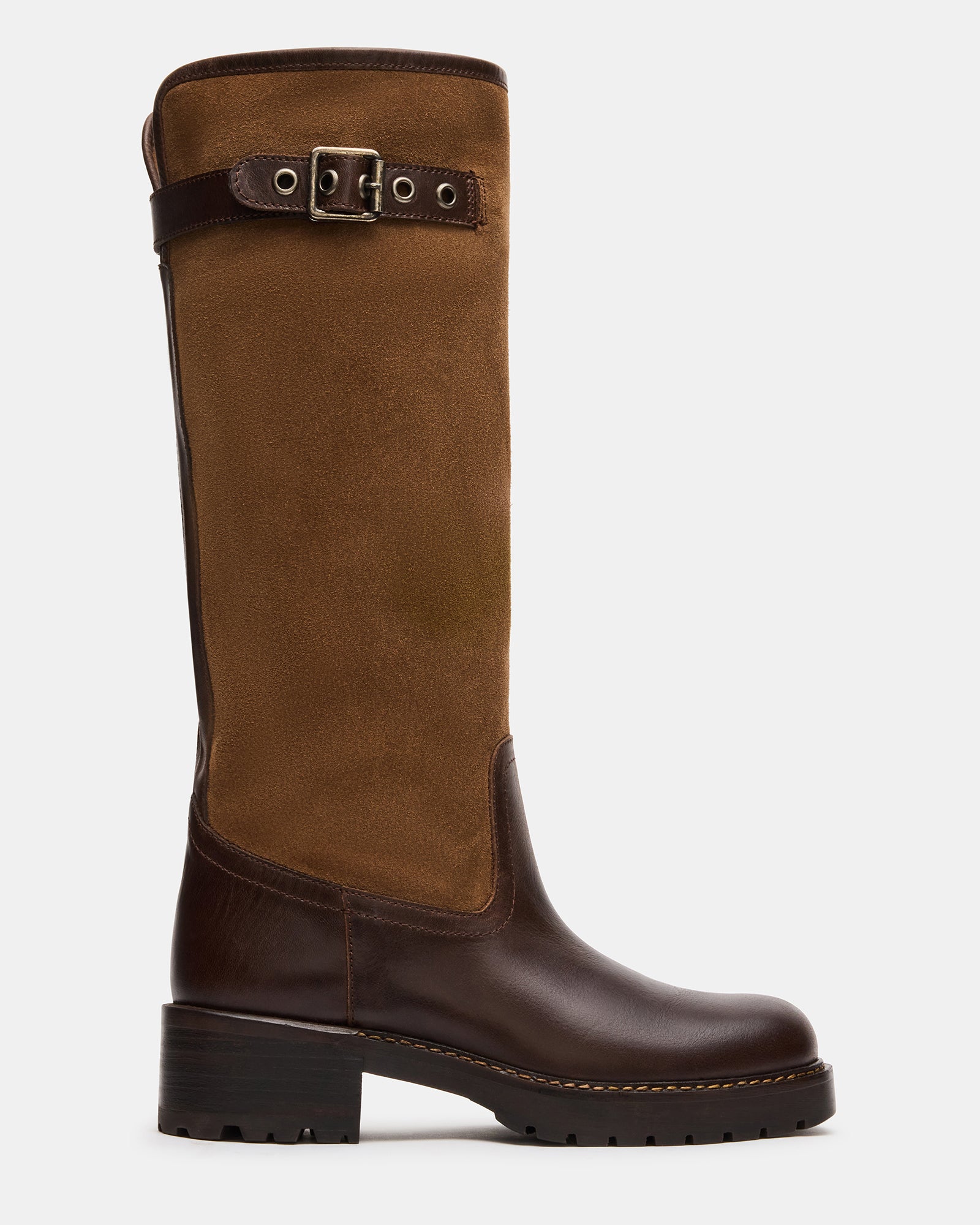 RAMBLE Brown Multi Buckle Square-Toe Knee-High Women's Boot | Steve Madden
