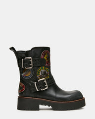 RECKLESS Black Leather Moto Patches Buckles Women's Ankle Boot | Steve Madden