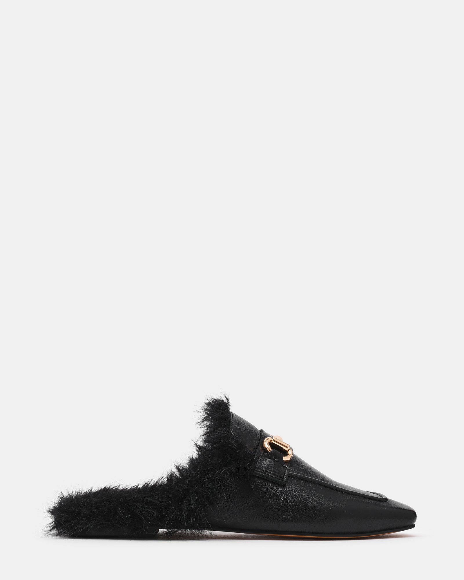 ROMEO Faux Fur Black Slip-On Horsebit Mule Women's Flat | Steve Madden