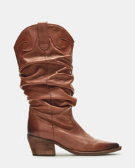 STAGE Cognac Leather Pointed-Toe Scrunched Western Women's Boot | Steve Madden