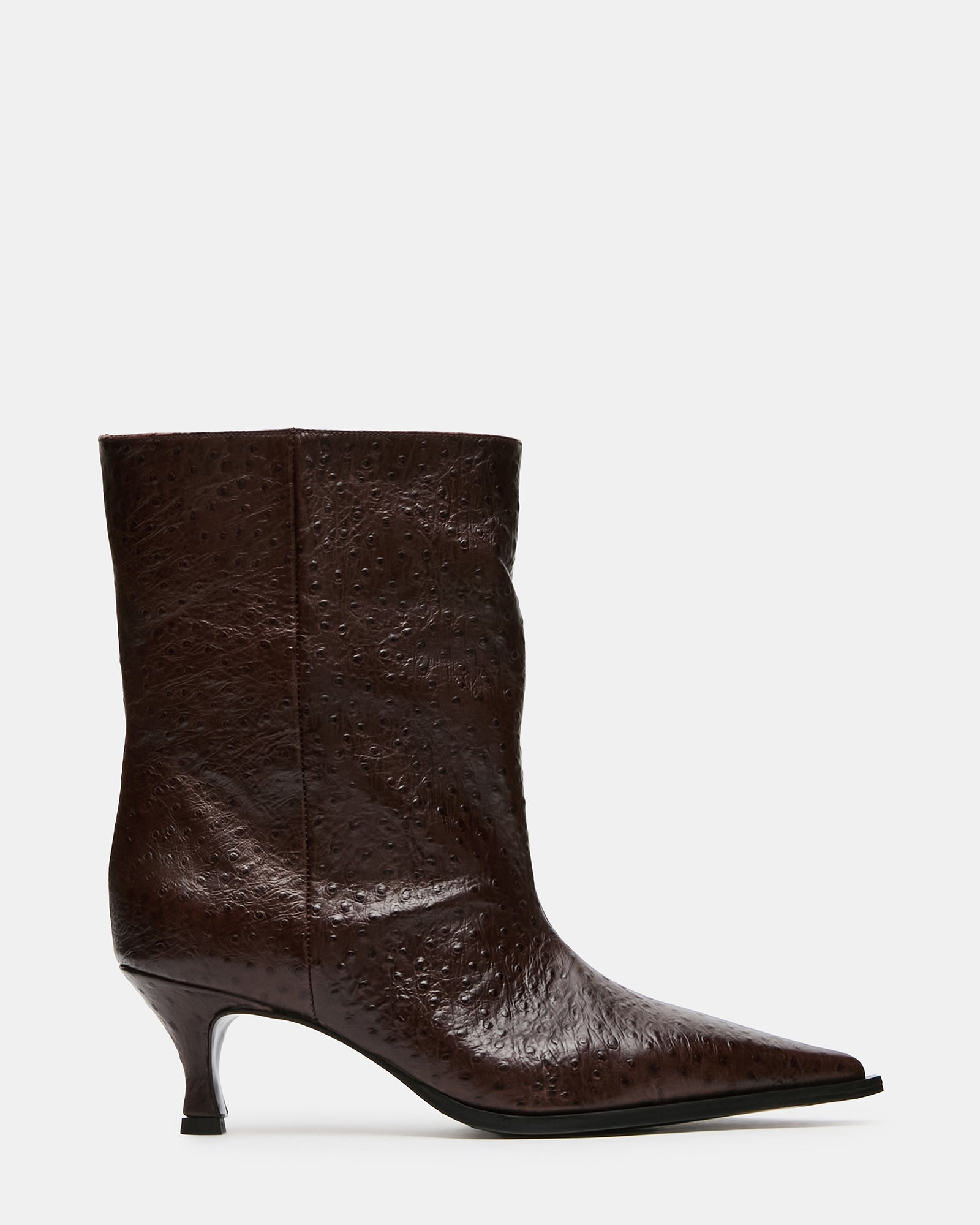 STARLA Ostrich Brown Leather Pointed-Toe Kitten Heel Women's Ankle Boot | Steve Madden