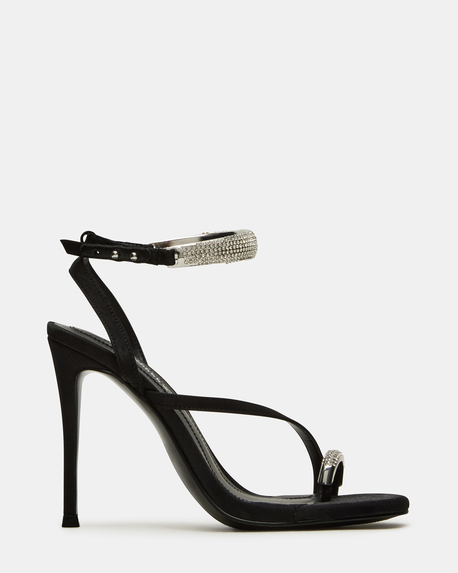 TIA Rhinestones Black Satin Open-Toe Stiletto Women's Heel | Steve Madden