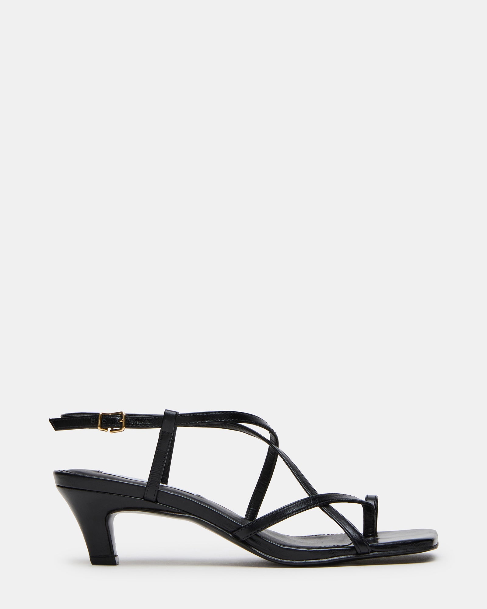 TRIANA Black Leather Strappy Square-Toe Thong Women's Kitten Heel | Steve Madden