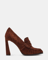WALLACE Umber Suede Penny Loafer-Inspired Scrunched Women's Heel | Steve Madden