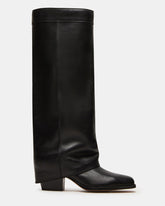 WINNICK Black Leather Knee-High Cuffed Fold-Over Block Heel Women's Boot | Steve Madden