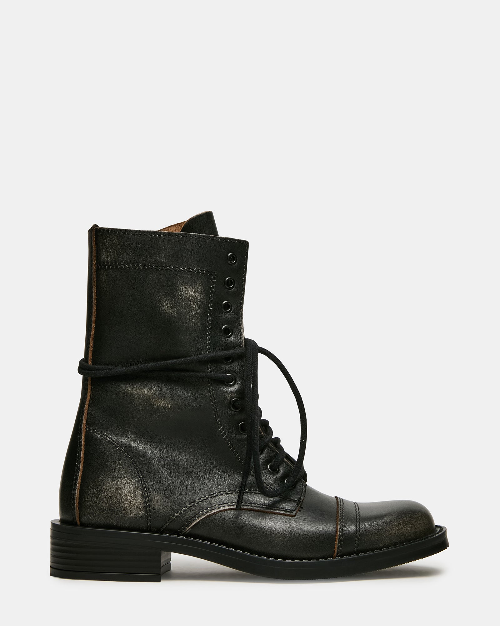 YUKON Black Distressed Lace-Up Moto Combat Women's Ankle Boot | Steve Madden