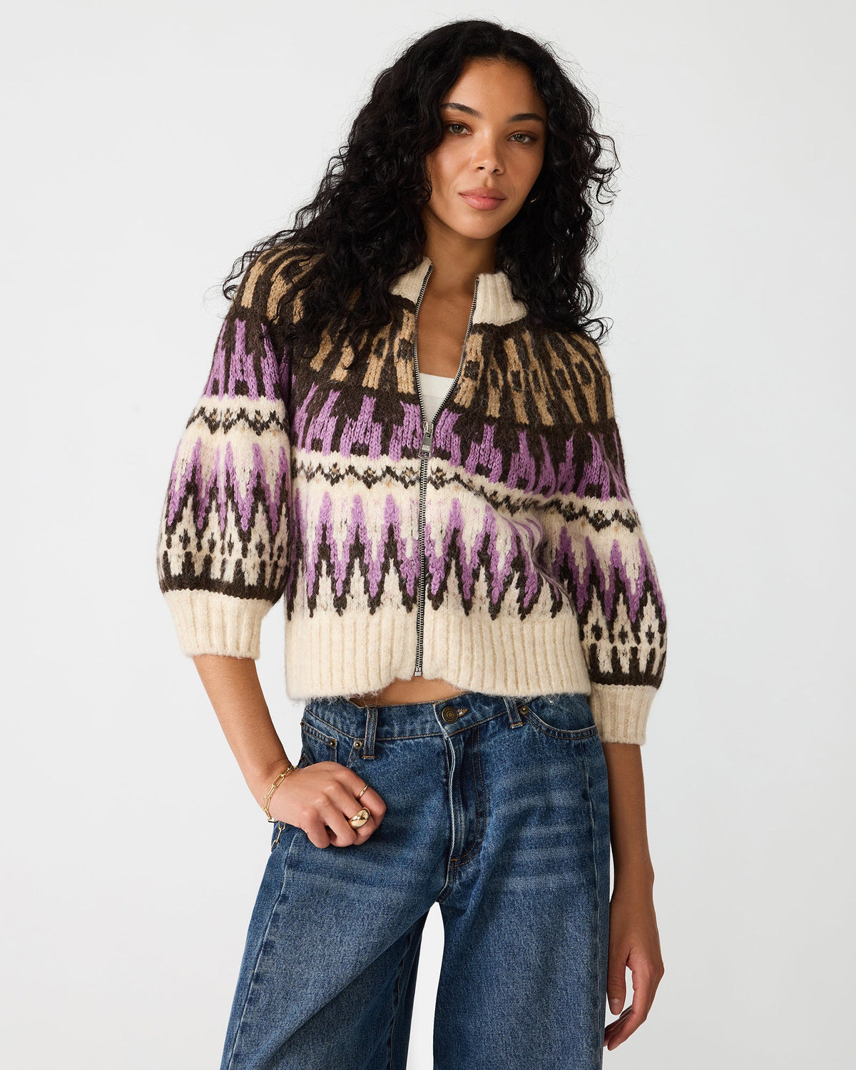 ADLEY Multi Zip-Up 3/4 Sleeve Bubble Women's Sweater Top | Steve Madden