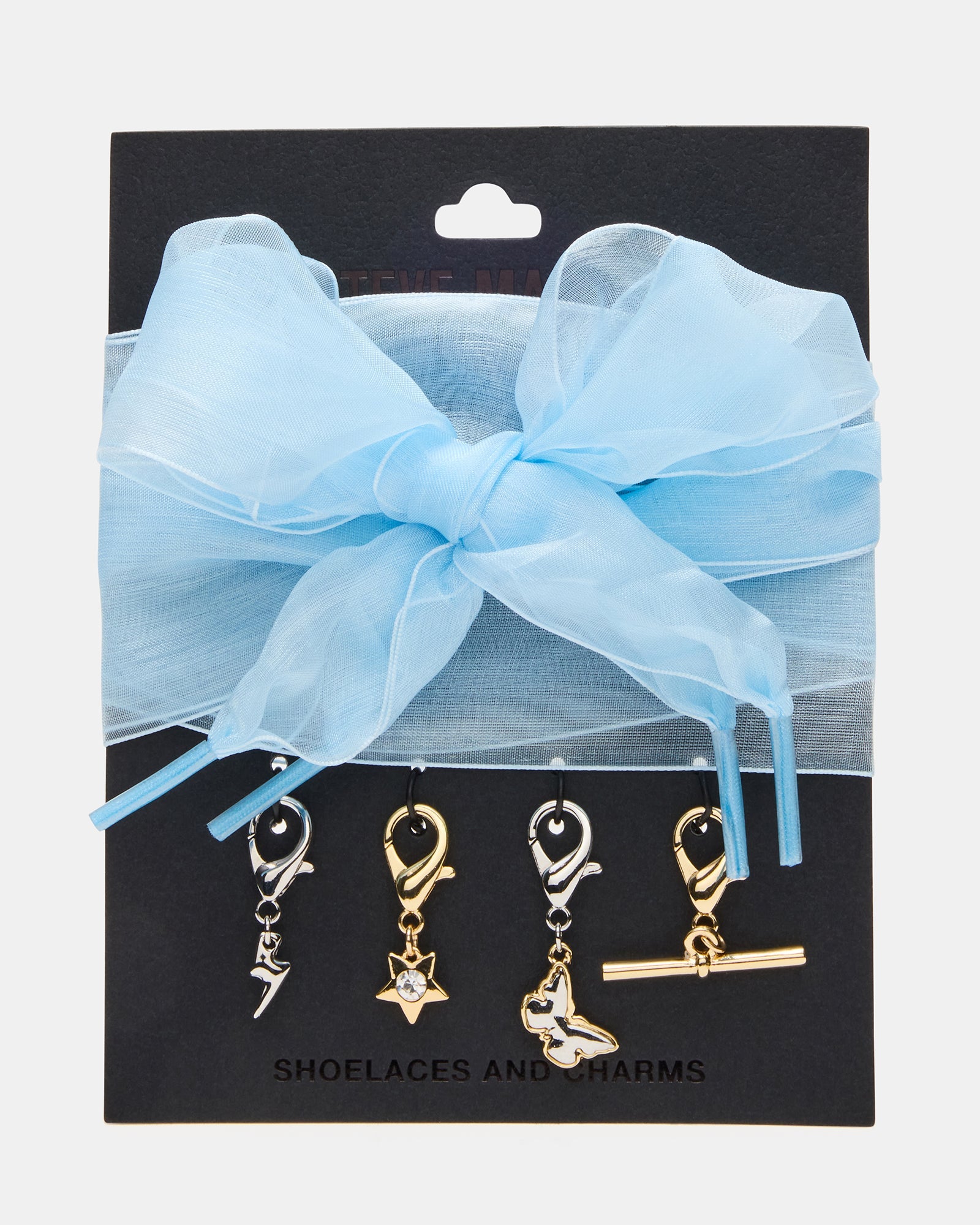 SHOE LACES AND CHARMS Blue Bow Lace Lightning Bolt Star & Butterfly Rhinestone Charms Shoe Accessory | Steve Madden